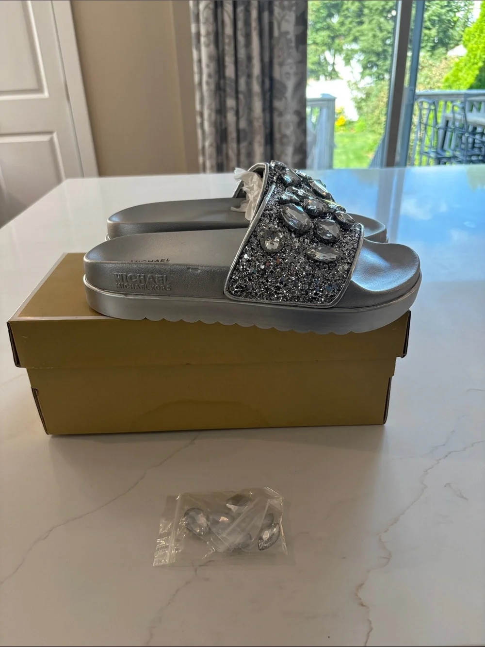 Michael Kors Silver Crystal Embellished Slide Sandals
